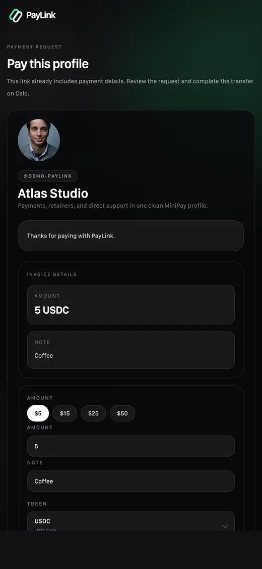 MiniPay PayLink public profile payment flow preview